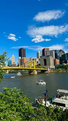 boats are on the water in front of a cityscape and yellow bridge with skyscrapers