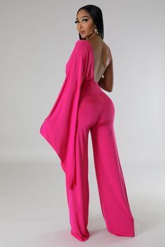 DETAILS: Stretch jumpsuit V-neck One shoulder Long sleeve Asymmetrical Open back Zipper closure Inseam is 35 inches 94% Polyester 6% Spandex Hand wash cold Model is wearing a small MODEL STATS Height: 5.6"Bust:32" / Waist:25" / Hips:41" See Sizes in Size Chart Hot Pink Strapless Jumpsuit, Luxury Pink Jumpsuits And Rompers For Spring, Luxury Glamorous Pink Jumpsuit, Luxury V-neck Jumpsuits For Night Out, Hot Pink Spandex Jumpsuit, Baddie Pink And White Stripe V Neck Jumpsuit, Hot Pink Jumpsuit Nordstrom, Party Rompers Pink, Luxury Pink Long Sleeve Jumpsuits And Rompers