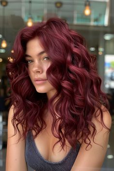 Blonde Hair With Red Violet Highlights, Fall Pink Hair, Maroon Hair Burgundy Wine, Red Balayage On Black Hair, Light Burgundy Hair, Burgundy Curly Hair, Bright Red Hair Dye, Styles For Medium Hair