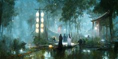 a painting of some people in the middle of a swampy area with lights on