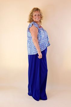 These adorable new pants are perfect for all occasions! Their super wide leg is flowy and ensures a flattering fit on all shapes and sizes! These pants include a, elastic pull-on, pleated detail on the front, a wide leg that measures 31.5 inches in diameter, and an inseam that measures 34 inches. Pair these with booties and a blazer for a fun look! Model: Abby and Maci are wearing a size Plus One Size. Size Suggestions and Measurements: Plus One Size: 14-18 | Waist: 32 inches around | Rise: 13 i Blue Maxi Bottoms With Elastic Waistband, Blue Maxi-length Bottoms With Elastic Waistband, Flowy Blue Maxi Bottoms, Versatile Blue Relaxed Fit Wide Leg Pants, Versatile Blue Wide Leg Pants, Blue Relaxed Fit Wide Leg Pants With Elastic Waistband, Blue Wide Leg Pants With Elastic Waistband, Relaxed Fit, Blue Wide Leg Pants With Relaxed Fit, Chic Flowy Blue Bottoms