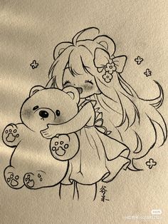 a drawing of a girl holding a teddy bear in her arms with stars on the background