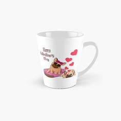 a white mug with a dog and heart shaped hearts on it that says happy valentine's day