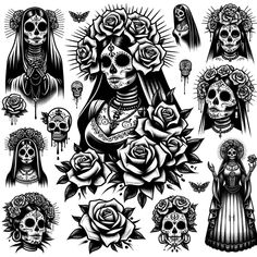 a set of skulls and roses tattoo designs