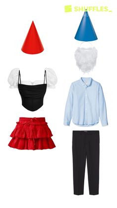 three different types of clothes with hats on top and skirted pants, one in red, the other in black