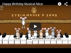 several rabbits are sitting on top of a piano and the words steinmuse & sons