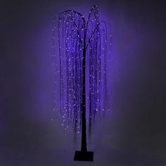 a purple lighted tree in front of a dark background