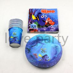 the finding nemo party supplies includes plates, napkins, cups and an album