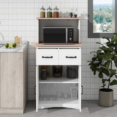 a microwave oven sitting on top of a white cabinet next to a potted plant