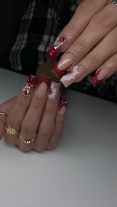 The cutest prom nails| Nail Inspo| Red nails Red And Gold Quinceanera Nails Short, Short Red Quince Nails, Red And Gold Quince Nails Short, Quinceañera Nails Red, Red Rose Nails Acrylic, Medium Red Acrylic Nails, Acrylic Red Nails Design, Red Quince Nails Medium Length, Red Nail Designs Prom Short