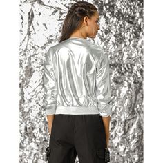 The shimmering holographic and metallic fabric is unique and able to show your character. It's also outstanding in the public. This jacket can easily be worn every day with any outfit. The zipper in the jacket can help you easily dress up or down. The Bomber Jacket is so versatile to be paired with a t-shirt and jeans for a casual look, or with a skirt and heels for a night out. Metallic Disco Outerwear For Spring, Casual Metallic Outerwear For Party, Metallic Outerwear For Party, Trendy Metallic Outerwear For Streetwear, Trendy Metallic Shiny Outerwear, Metallic Long Sleeve Outerwear For Streetwear, Holographic Jacket, Holographic Fashion, Metallic Jacket