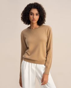 This classic round neck sweater is made from high quality baby cashmere and is a must-have basic piece in your closet. Silk Pajamas Women, Basic Sweater, Camisole Set, Striped Midi Skirt, Camel Sweaters, Cashmere Sweater Women, Silk Knit, Womens Cashmere, Round Neck Sweaters