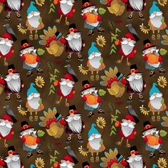 an image of christmas gnomes and turkeys on brown background with red, green, blue, orange, yellow leaves