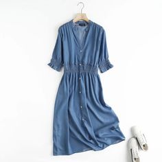 Size Length Bust Sleeve cm inch cm inch cm inch S 112 44.09 104 40.94 28 11.02 M 113 44.49 108 42.52 29 11.42 Denim Dress Short, Short Sleeve Midi Dress, Denim Short Dresses, Dress Short Sleeve, Midi Short Sleeve Dress, Sleeve Midi Dress, Dress Short, Denim Dress, Dark Blue