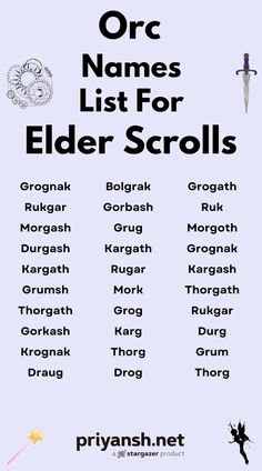 an advertisement for the orc names list for elder scrolls