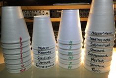 several white cups with different types of writing on them sitting on a table in front of a sound board