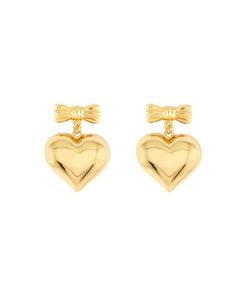 A pair of large puff heart dangle earrings with a bow detail 14K Gold plated sterling silver All gold is made from sterling silver and electroplated genuine gold Designed in Los Angeles, CA Gold-tone Heart Shaped Earrings Gift, Heart-shaped Gold-tone Earrings For Gift, Gold Dangle Heart Earrings For Formal Events, Formal Double Heart Earrings With Heart Charm, Heart-shaped Earrings With Bow For Gift, Elegant Bow Heart Earrings For Party, Gold Heart-shaped Earrings For Formal Occasions, Gold Heart-shaped Formal Earrings, Heart-shaped Anniversary Jewelry With Bow