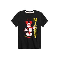 a black mickey mouse t - shirt with yellow lettering on the chest and an image of minnie