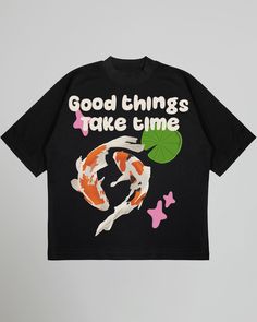 The Koi T-Shirt in Black is made from a luxuriously thick 7.5oz cotton, sourced 100% from the USA. Crafted with a boxy fit, this streetwear t-shirt is finished with our legendary Koi Graphic adorning the front. Koi Graphic "Good Things Take Time" Puff Text Heavyweight 7.5oz Tee 100% USA Ethical Cotton 245gsm Double Stitched Collar & Sleeves Classic 90's Fit. We recommend sizing up for an oversized fit Important: Hand Wash Only. Hang Dry Only. DO NOT Machine Wash or Dry. Puff T Shirt Design, Luxury Tshirt Design, Graphic Shirt Design Ideas, Puff Printing Tshirt, Cute Printed T-shirt For Streetwear, Puff Print Design, Black Shirt Design, Graphic Cotton T-shirt For Streetwear, Black Tshirt Design