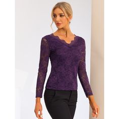 Made of lightweight semi-sheer fabric in a fitting silhouette, this elegant lace blouse is designed with a lace trim and full sleeves, which is an effortless option for weddings, night outings, or parties. A flattering deep V-neckline and long feminine sleeves, show your enchantment better. A scalloped lace trim and lace panel add a romantic feeling to this stretchy blouse, especially for teens, girls, or ladies. Slim fit design, makes you look more elegant. Perfect match mini skirts for a chic Fitted V-neck Lace Top With Lace Collar, Formal Long Sleeve Tops With Scalloped Lace, V-neck Lace Top With Scalloped Detail, Purple Fitted Lace Top, Fitted Purple Lace Top, Elegant Long Sleeve Lace Top With Scalloped Edges, Elegant Long Sleeve Scalloped Lace Top, Formal Long Sleeve Blouse With Scalloped Lace, Elegant V-neck Blouse With Lace Patchwork