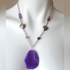 Handmade By Me Years Ago, Made With Silvertone Chain, Heart Pendants And Purple Agate Beads And Stone. This Has Some Weight To It Due To The Focal Stone, Even The Hearts Have A Little Weight To Them. Never Worn Silver Agate Round Beads Necklace, Silver Agate Necklace With Round Beads, Handmade Purple Agate Beaded Necklaces, Handmade Silver Agate Beaded Necklaces, Silver Agate Crystal Necklace With Gemstone Beads, Silver Beaded Agate Necklaces With Natural Stones, Silver Agate Necklace With Polished Beads, Silver Heart-shaped Gemstone Beads Jewelry, Silver Heart Jewelry With Gemstone Beads