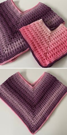 crocheted dishcloths are shown in two different colors, one is pink and the other is purple