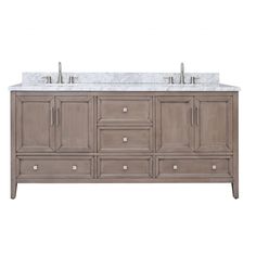 a double sink vanity with marble top and two faucets on each side,