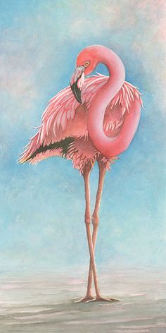 a painting of a pink flamingo standing in the sand