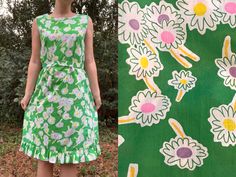 1970s Style Green Summer Dresses, Vintage Green Spring Dresses, 1970s Style Green Floral Print Dress, 1970s Green Floral Print Dress, Daisy Print Dress, Green Daisy, 60s 70s Fashion, Design Clothes, Floral Sweater