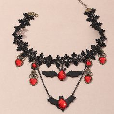 Metal Color: black red Hippie Goth, Red Heart Necklace, Lace Choker Necklace, Vintage Choker Necklace, Hip Hop Party, Bat Halloween, Bat Pattern, Anniversary Necklace, Rhinestone Material