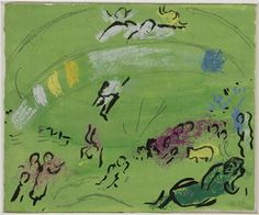 an abstract painting with people running in the grass