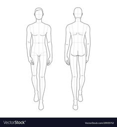 a male mannequin standing in front and back view with the body drawn out