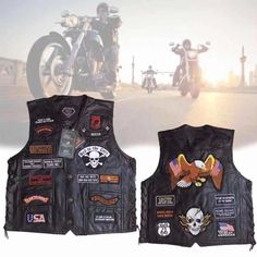 This is a perfect vest for motorcyclist enthusiasts! Want to create a layered outfit? It features 23 patches, black snaps, and laced sides. This American Eagle 23 Patches Leather Vest is skillfully designed and sewn, patchwork leather. Motorcyclist Enthusiasts! Sleeveless Leather Vest is a good choice for you. Large Hawk Patch on Back Motorcycle Leather Vest, Layered Outfit, Cycling Vest, Motorcycle Leather, Layering Outfits, Leather Vest, Mens Vest, Denim Vest, Inside Pocket