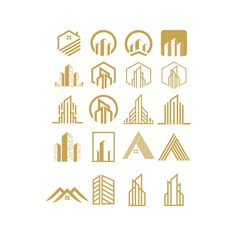 a set of nine different buildings and skyscrapers in gold on a white background illustration