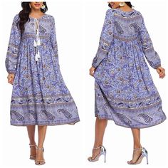 Beautiful Boho Dress Is Soft, Breathable And Lightweight. Comfy With A Deep V-Neck And Tassels At The Neckline. Absolutely Gorgeous And Instantly Eye-Catching With Its Distinctive Floral Print Design, This Casual Boho Dress Is Available In A Range Of Colors And Suitable For All-Season Wear. Blue Boho Print V-neck Midi Dress, Blue V-neck Boho Print Midi Dress, Blue Boho Print Long Sleeve Midi Dress, Blue Long Sleeve Midi Dress With Boho Print, Casual Boho Dress, Beautiful Boho Dresses, Bohemian Midi Dress, Dresses Casual Boho, Floral Print Design