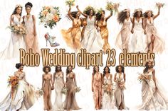 the brides are wearing different dresses and bouquets