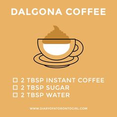 a coffee cup and saucer with the words dalgona coffee on it's side