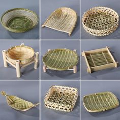 several different types of baskets sitting on top of each other in various positions and sizes