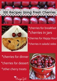 an advertisement for cherries using fresh cherries in jars and cherry pie crusts