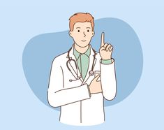 a man in a white lab coat is pointing to the side with his finger up