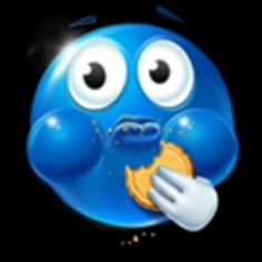 an emoticive blue smiley face holding a cookie