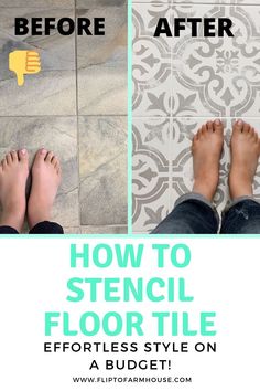 the before and after image shows how to stencil floor tile