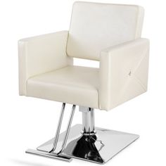 a white chair sitting on top of a metal base