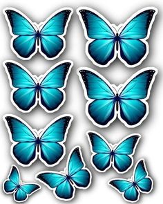 blue butterfly stickers on a white background, set of six butterflies with different shapes and sizes