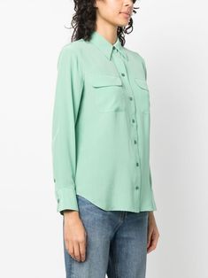 long-sleeve silk shirt from EQUIPMENT featuring mint green, silk, classic collar, two chest flap pockets, front button fastening, long sleeves and curved hem. Size Info STANDARD Color Detail Green Made In Cina Material 100% silk Season One Spring-Summer Season Two Spring-Summer Product shirts Brand Equipment Size And Fit This piece fits true to size. We recommend you get your regular sizeModel is 1,75m / 5ft 8in wearing size S Green Silk Button-up Blouse, Green Silk Top With Button Closure, Green Blouse With Button Cuffs And Spread Collar, Green Silk Collared Shirt, Green Silk Blouse With Button Closure, Green Blouse With Button Closure And Spread Collar, Green Lapel Collar Shirt For Work, Green Silk Collared Blouse, 2023 Color