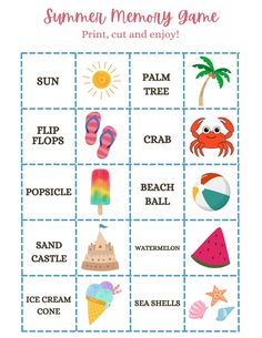 a printable summer memory game for kids with pictures and words to help them learn how to