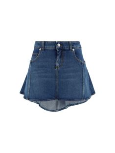 98% Cotton, 2% Elastane Fitted Asymmetrical Denim Skirt With Frayed Hem, Asymmetrical Skort With Pockets, Chic Fitted Asymmetrical Denim Skirt, Chic Asymmetrical Fitted Denim Skirt, Dark Wash Fitted Denim Skirt With Asymmetrical Hem, Asymmetrical Denim Skirt With Pockets, Fitted Chic Asymmetrical Denim Skirt, Fitted Asymmetrical Dark Wash Skirt, Fitted Dark Wash Asymmetrical Skirt