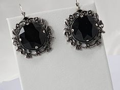 Black Crystal 18mm earrings with filigree. Silver Gothic Earrings For Formal Occasions, Gothic Drop Earrings For Formal Occasions, Gothic Formal Earrings For Pierced Ears, Silver Gothic Round Earrings, Classic Black Filigree Jewelry, Black Filigree Earrings As Gift, Black Filigree Earrings For Gift, Formal Black Filigree Earrings, Ornate Black Filigree Jewelry