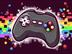 an image of a video game controller in front of colorful squares and cubes on a black background