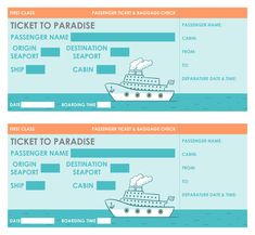 two tickets for a cruise ship with the names and numbers on them, one ticket to paradise